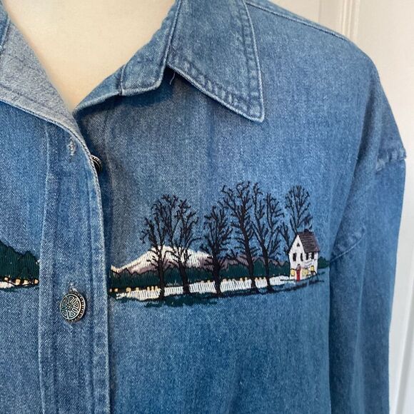 Bushwacker Denim Embroidered Shirt Winter Scene Size Medium - Picture 5 of 14